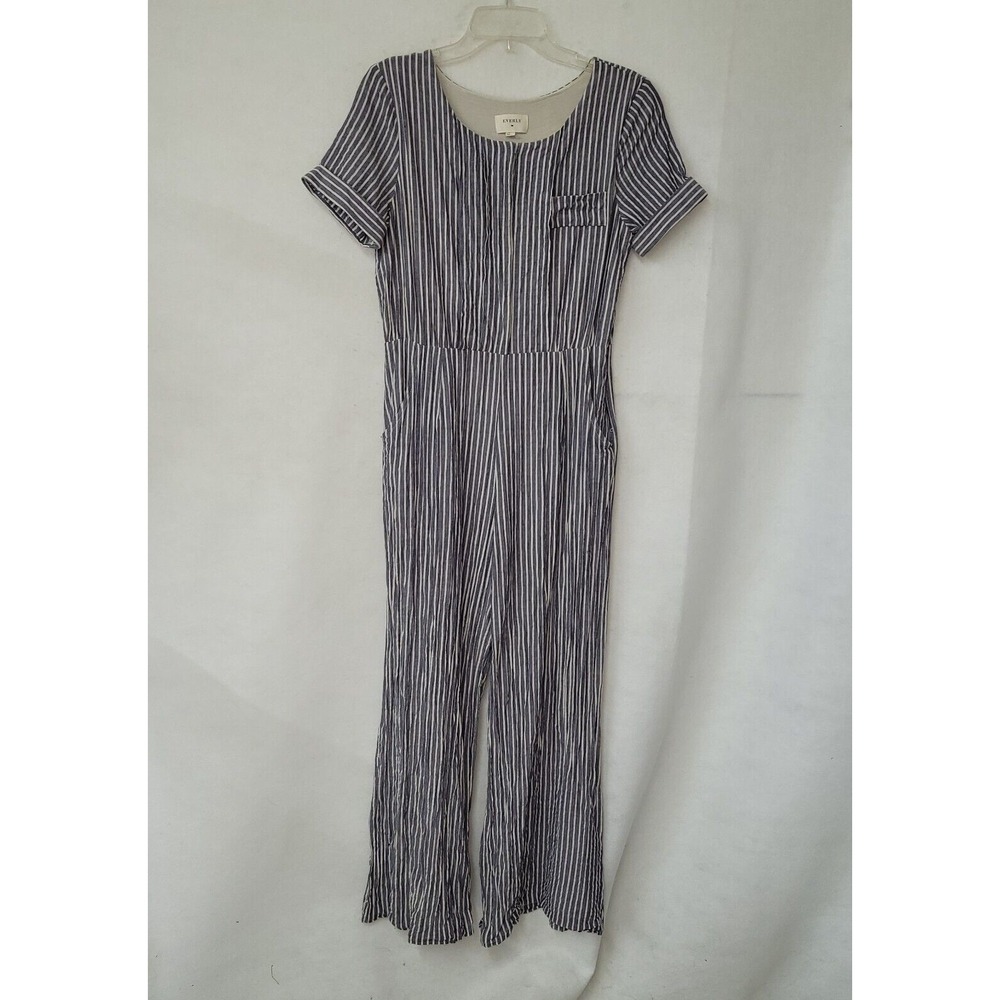 Everly Blue White Striped Wide Leg Jumpsuit Short Sleeve Side Zip Women Medium